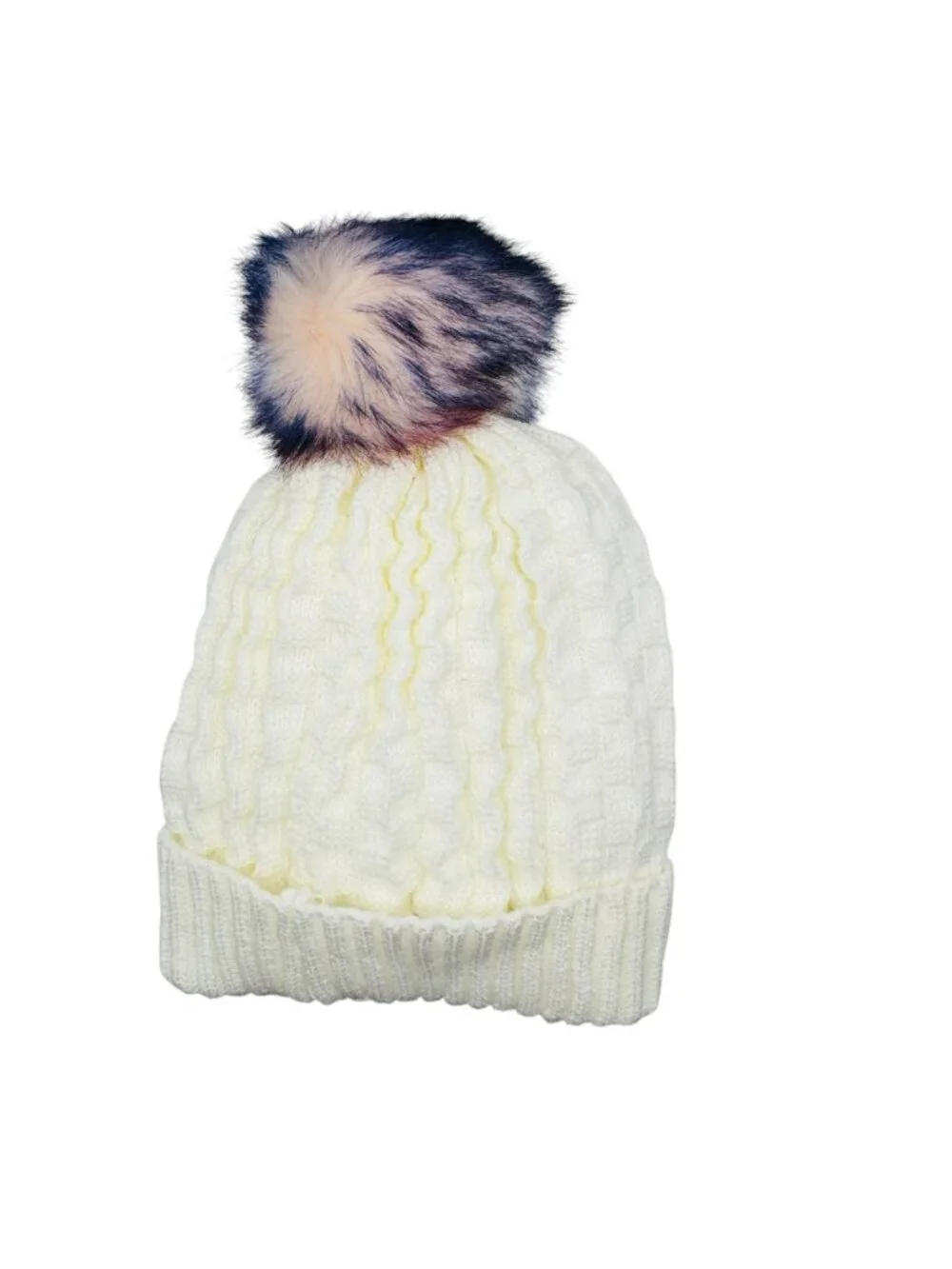 BY:KY Womens White Knit Beanie With Multicolor Faux Fur Pom & Fleece Lining